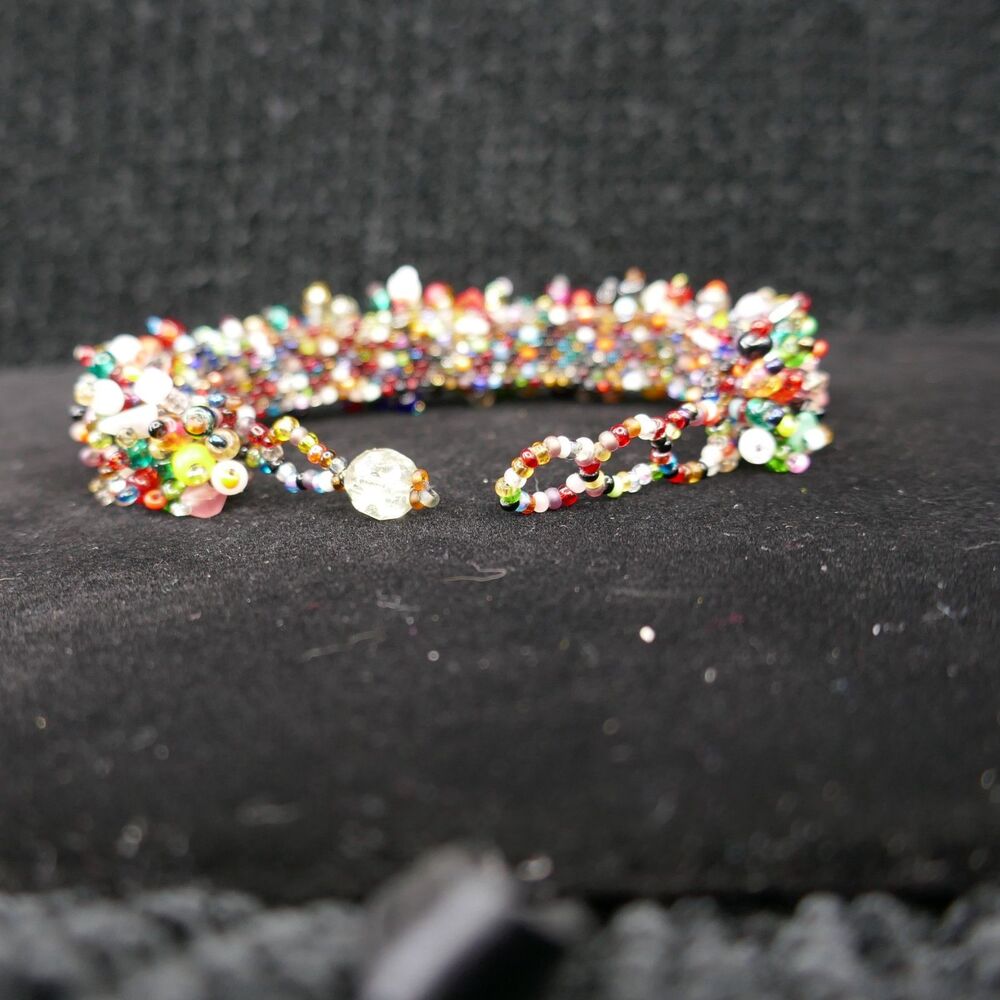 Beaded Confetti Cluster Cuff Bracelet Toggle Multi Color Glass Boho 7-8 inch - Picture 4 of 5